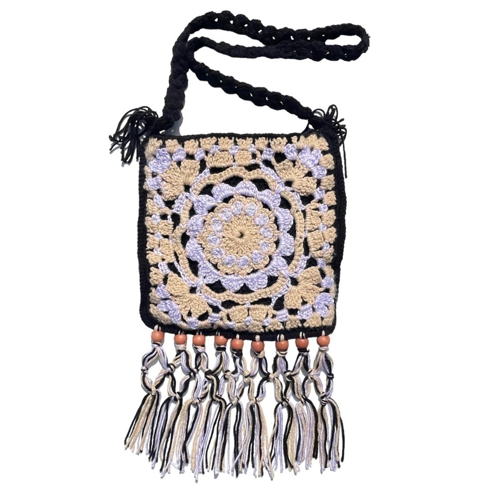 Handmade boho crochet fringe crossbody bag festival purse black purple